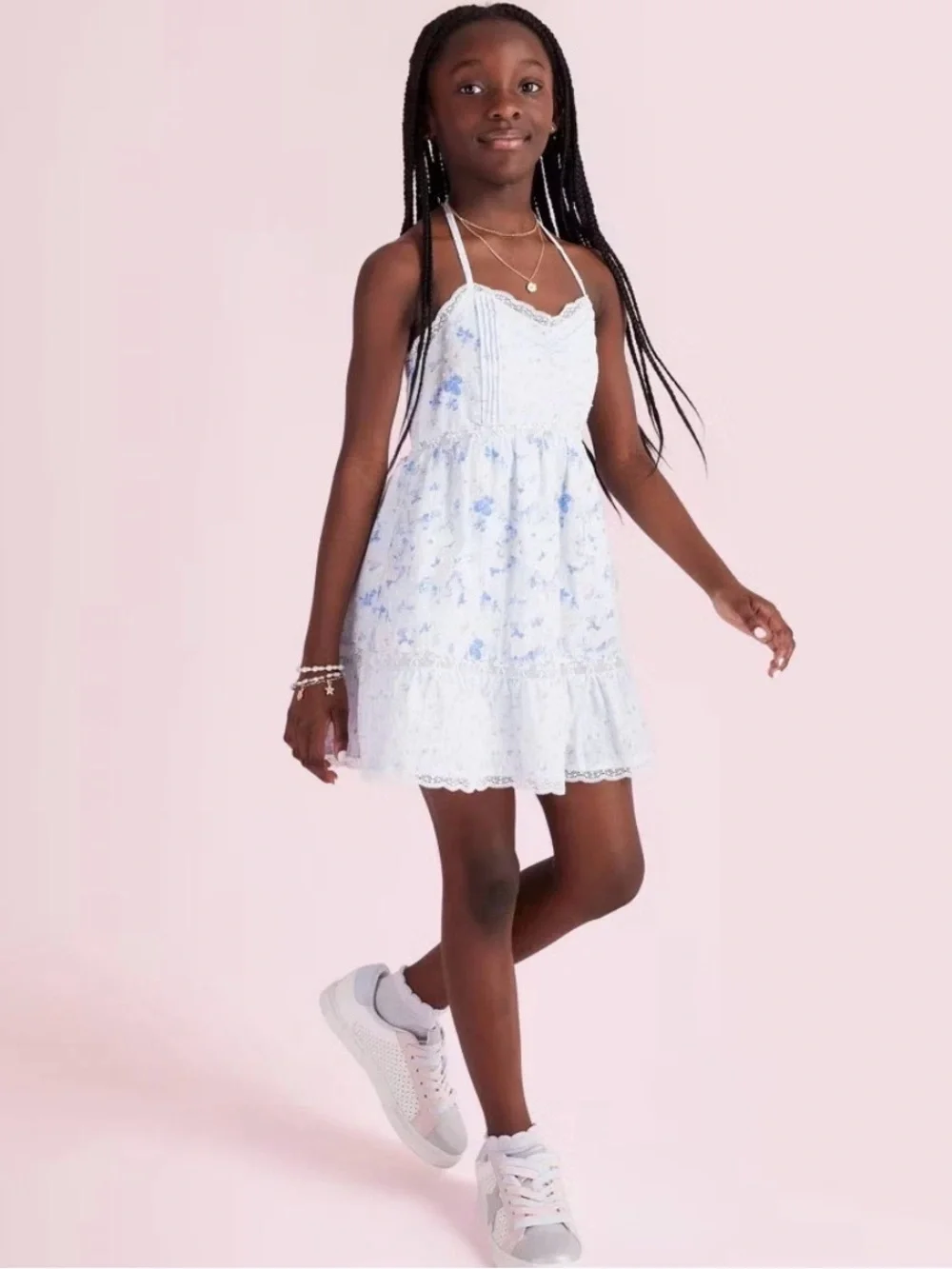 LoveShackFancy Girls' Annabelle Budding Florals Halter Dress -  Blue 12